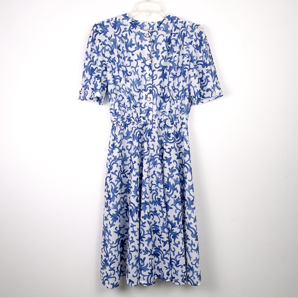 Vintage California Looks 80s-does-50s shirtwaist dress, blue & white, small